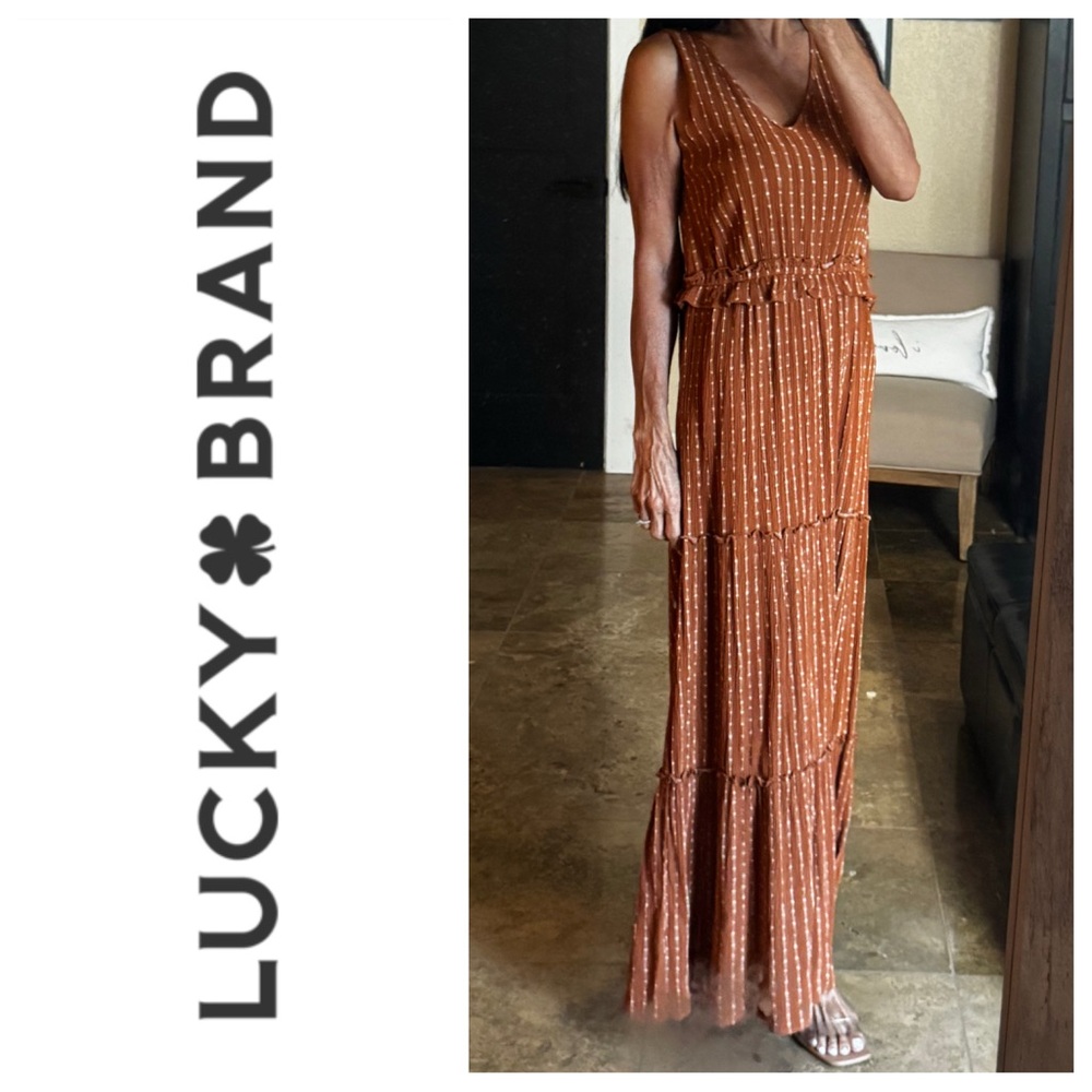 Lucky Brand Womens Maxi Stripe Brown White Sleeveless Dress Sz: L